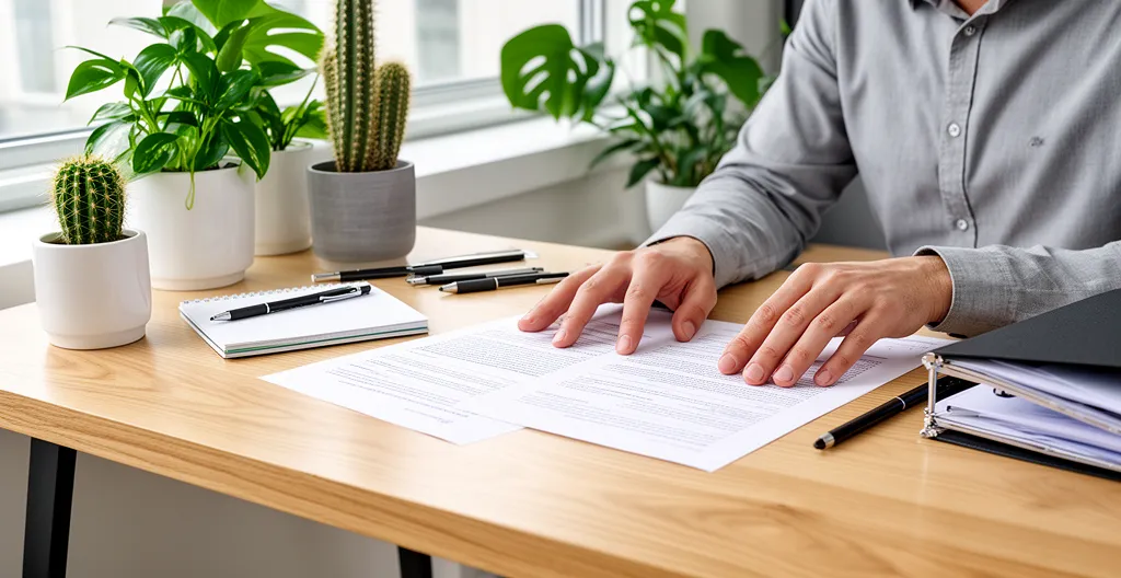 Professionnel consultant des documents imprimés format A4 sur un bureau organisé