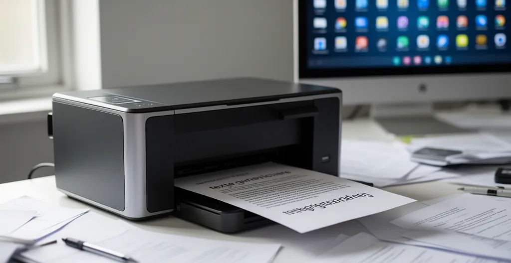 Document A4 sortant d'une imprimante professionnelle dans un environnement de bureau