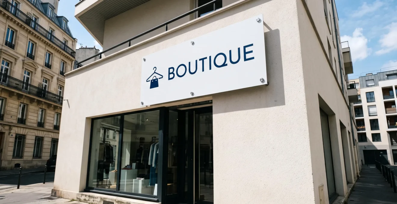 Panneau rigide Dibond imprimé fixé sur façade d'un commerce français par quatre points de fixation métalliques, enseigne extérieure permanente en lumière naturelle