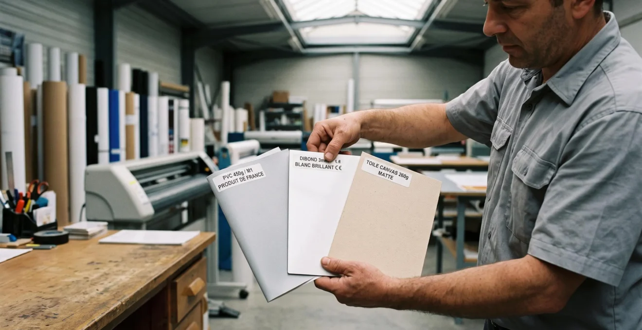 Mains d'un professionnel d'imprimerie présentant trois plaques échantillons de supports (bâche PVC, panneau Dibond, toile textile) étiquetées sur un bureau technique d'atelier