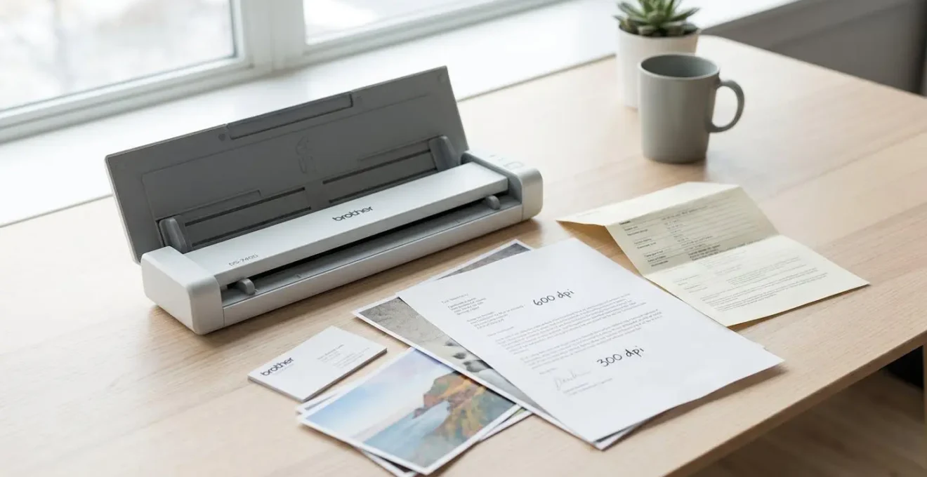 Brother DS-740D scanner portable ouvert sur bureau avec documents montrant différentes qualités de résolution DPI