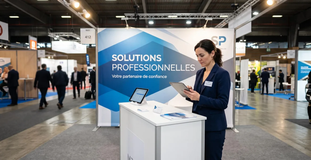 Stand événementiel modulaire avec grande bâche PVC imprimée en fond lors d'un salon professionnel intérieur, une professionnelle consultant une tablette au premier plan