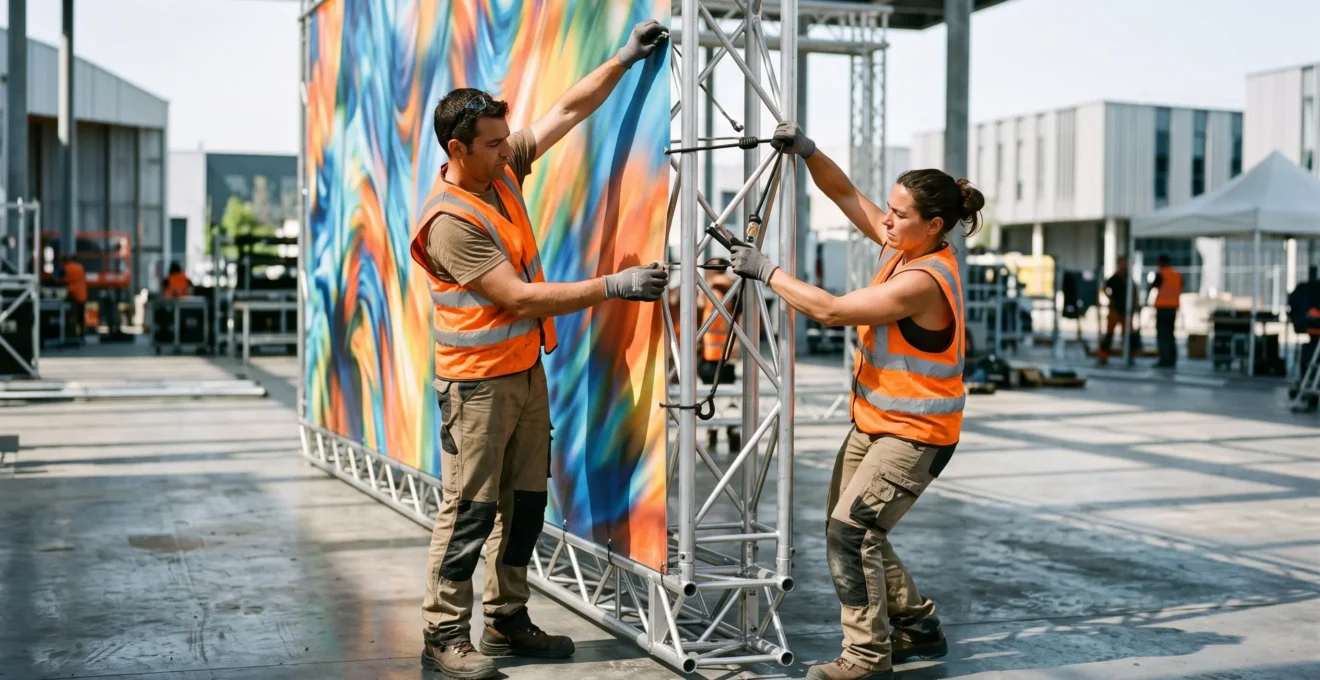 Deux techniciens installant une bâche PVC imprimée grand format sur une structure métallique de stand événementiel en extérieur, l'un tendant le haut pendant que l'autre fixe les œillets