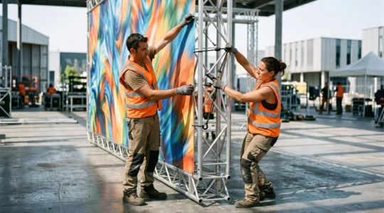 Deux techniciens installant une bâche PVC imprimée grand format sur une structure métallique de stand événementiel en extérieur, l'un tendant le haut pendant que l'autre fixe les œillets