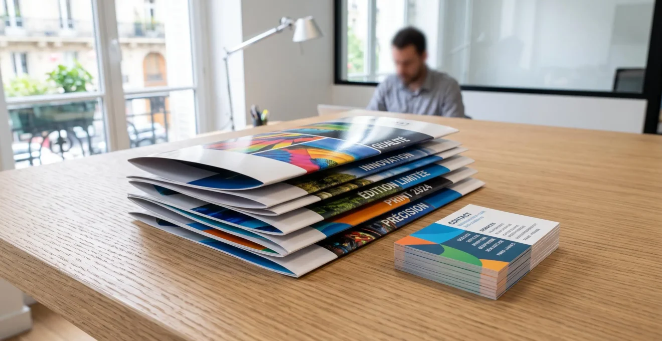 Pile de brochures et de cartes de visite imprimées de haute qualité.