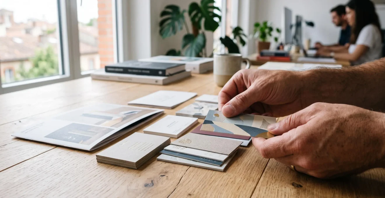 Main examinant le tirage de cartes de visite et de brochures sur un bureau.