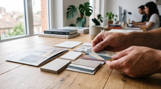 Main examinant le tirage de cartes de visite et de brochures sur un bureau.