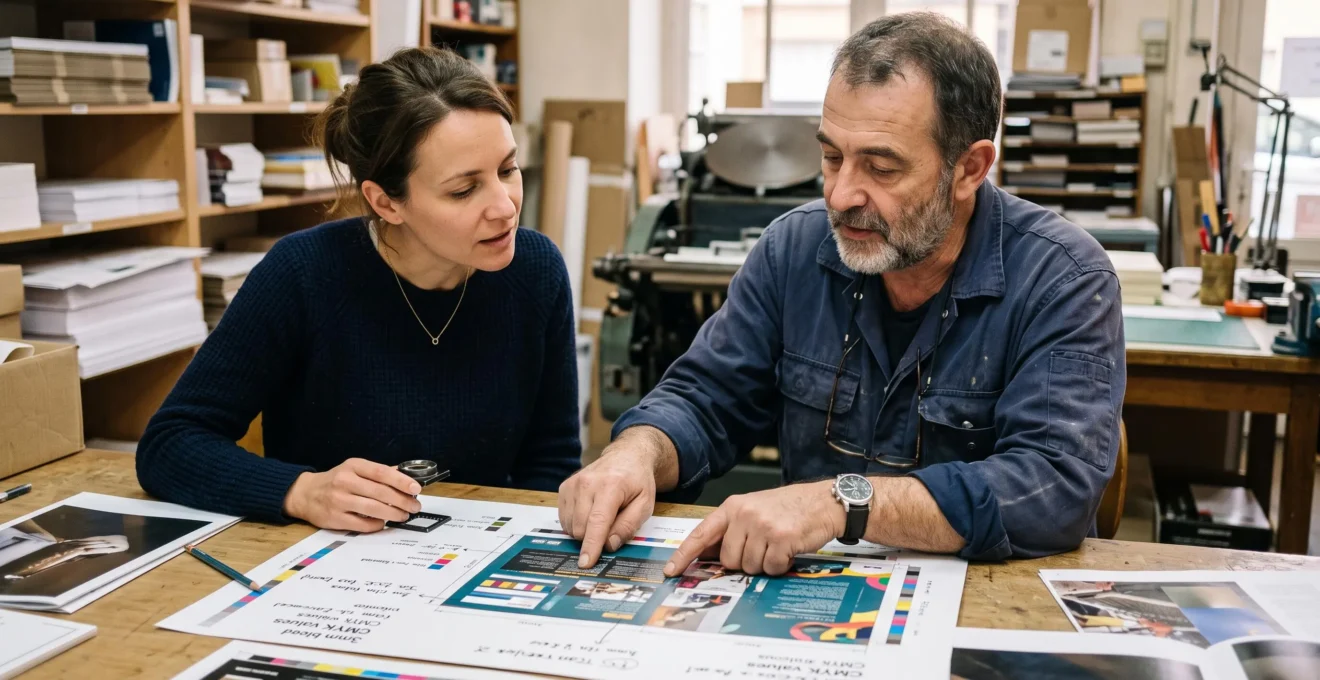 Client et spécialiste discutent des spécifications de leur projet d'impression.